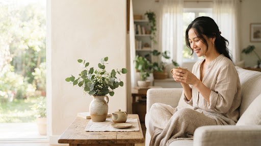 Một phụ nữ thư giãn giữa khu vườn xanh